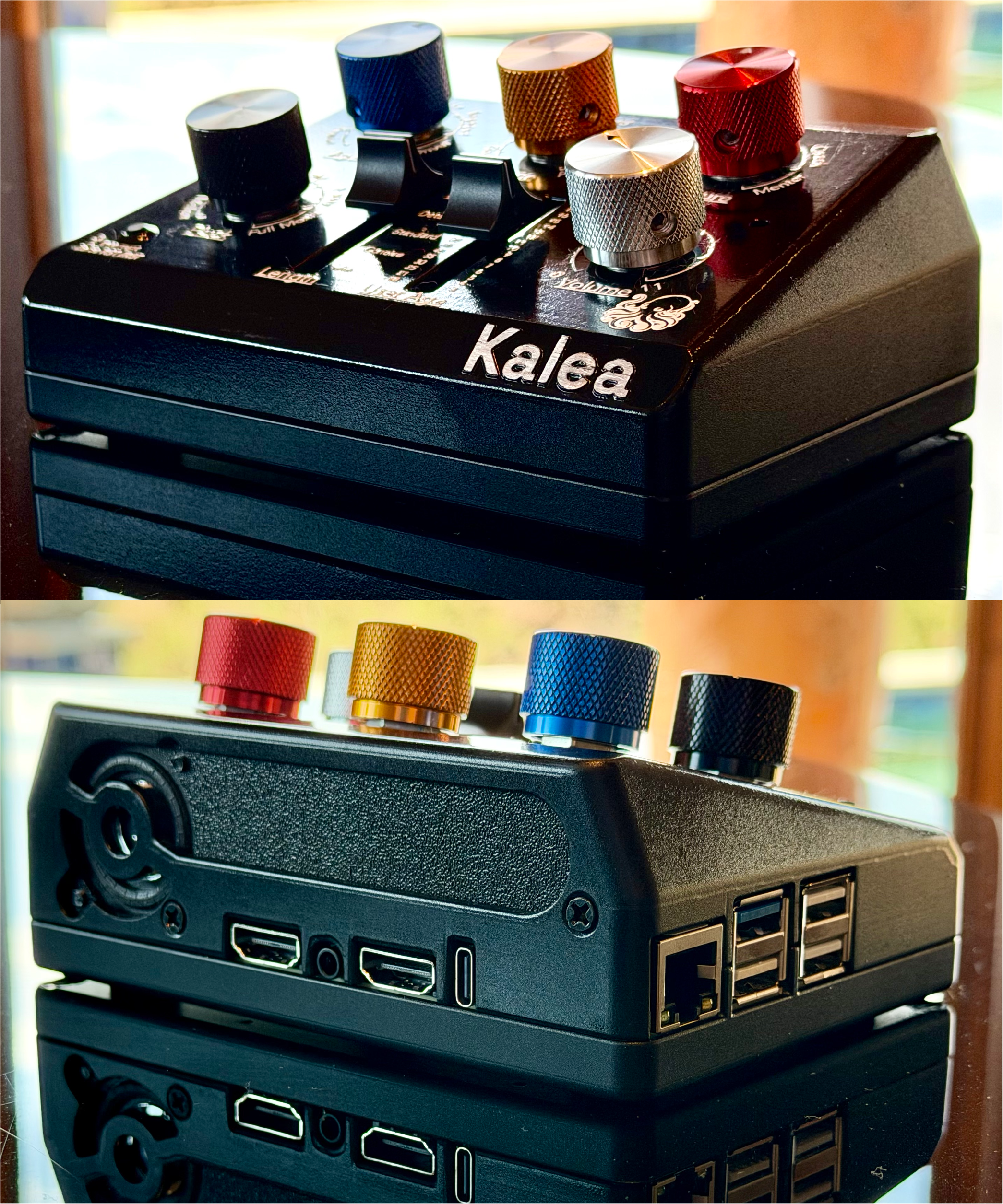 The Kalea hardware — a tactile, guitar-pedal-inspired box with physical knobs and sliders for shaping her personality by hand